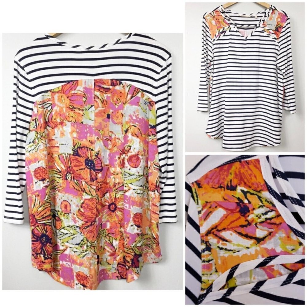 Sharon Young Sz S Floral Print French Striped Swing Blouse Tunic Top NWT NEW